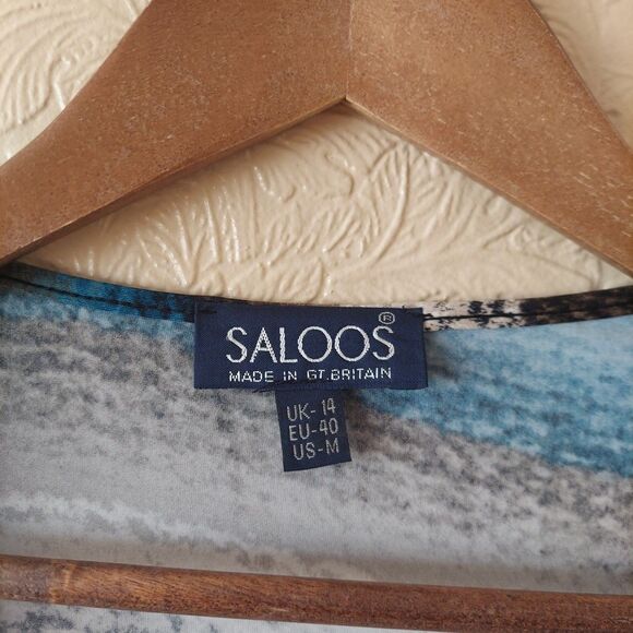 Saloos Blue Brown Drape Neck 3/4 Sleeves Stretch Polyester Blouse NEW Sz Medium - Picture 2 of 8